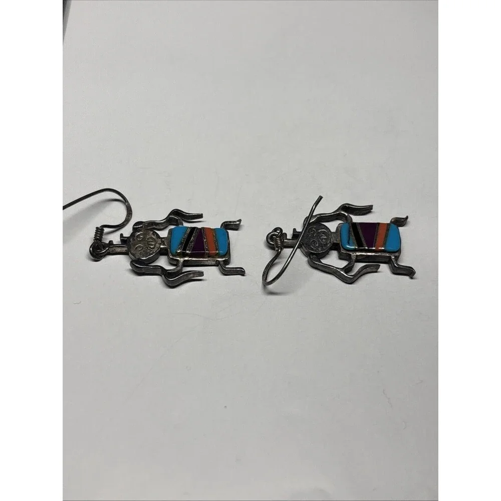 Vintage Rock Critters Sterling Silver 925 Designer Multi Inlay Dancer Earrings